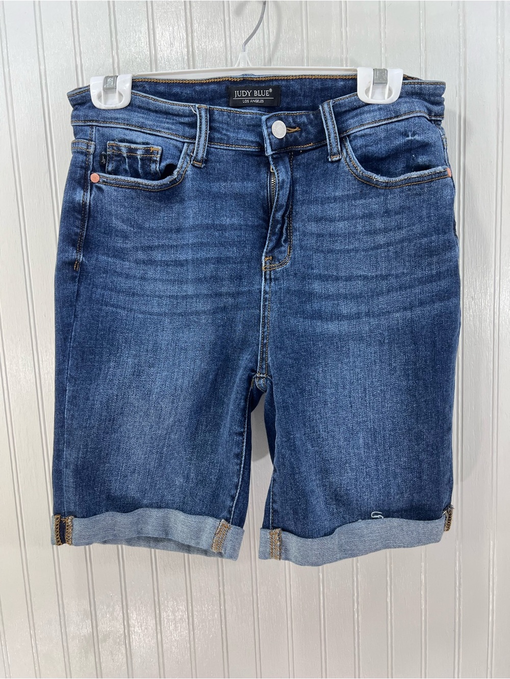 Judy Blue High Rise Cuffed Bermuda Denim Shorts Dark Wash Sz L JB15225DK